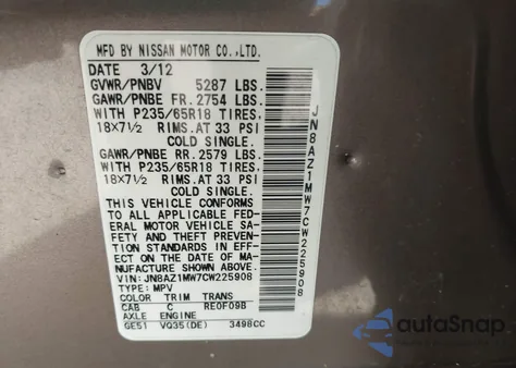 2012 Nissan Murano Sl from USA, damaged, VIN JN8AZ1MW7CW225908